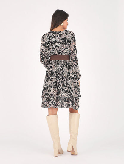 Robe mi-longue motif feuilles - Noir - 5