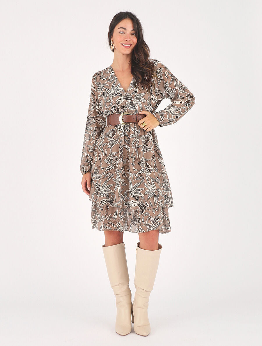 Robe mi-longue motif feuilles - Taupe - 4