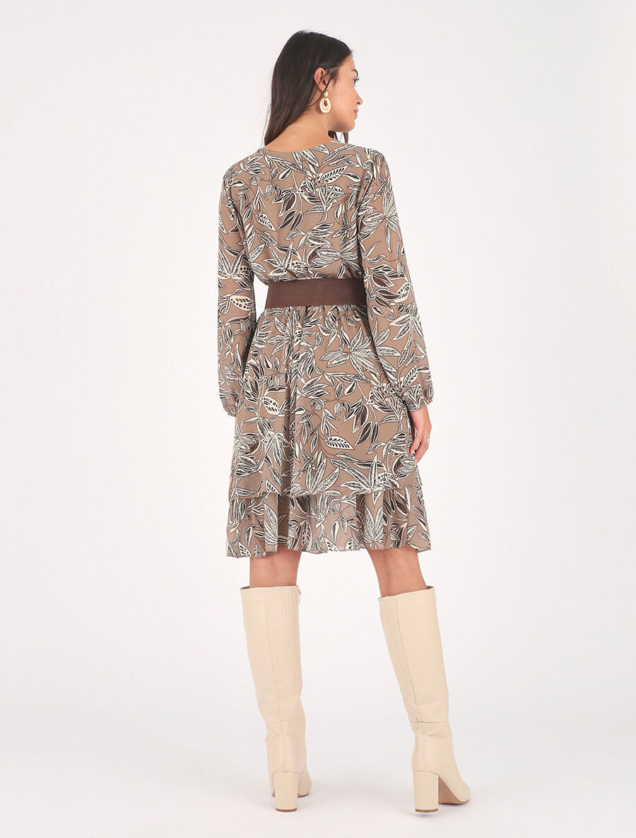 Robe mi-longue motif feuilles - Taupe - 5