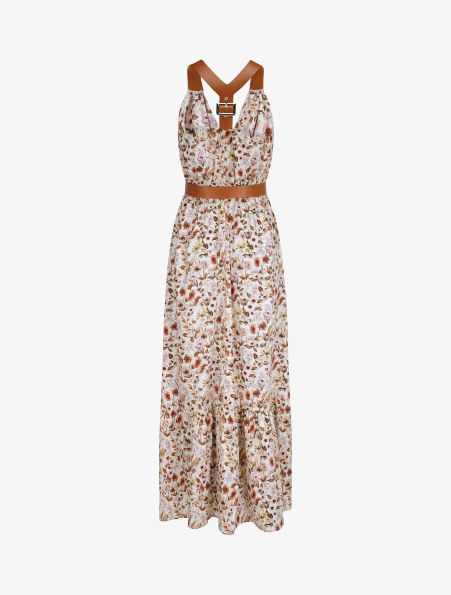 Robe longue coupe patineuse imprimé petites fleurs à bretelles en simili - Blanc - 2
