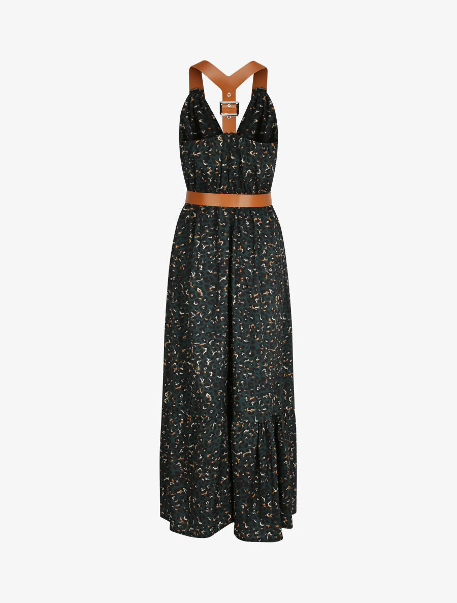 Robe longue coupe patineuse imprimé léopard à bretelles en simili - Vert foncé - 2