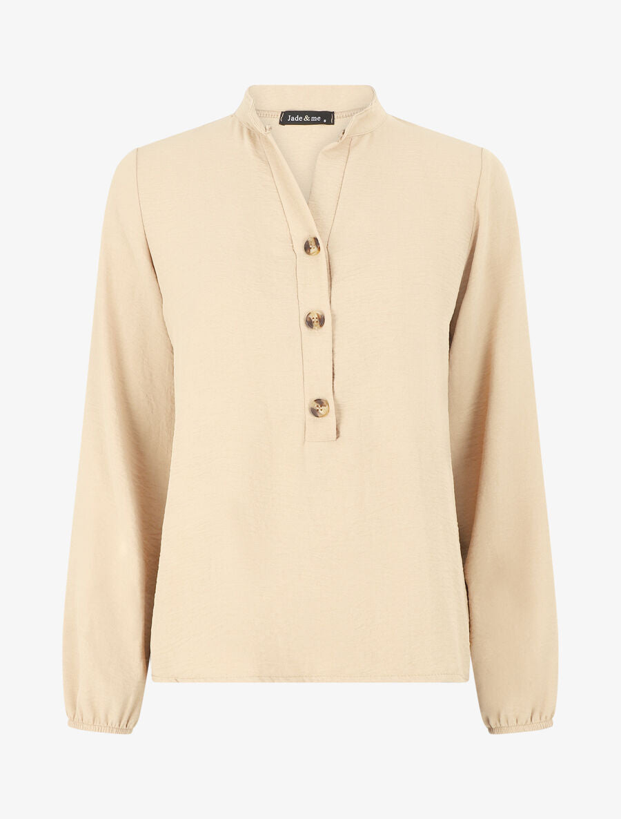 Blouse en voile unie à col boutonné - Beige - 1