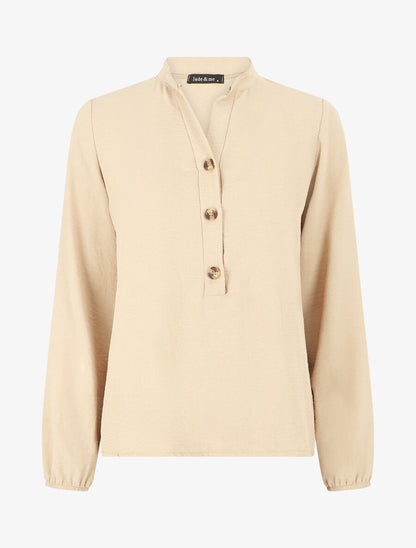 Blouse en voile unie à col boutonné - Beige - 1