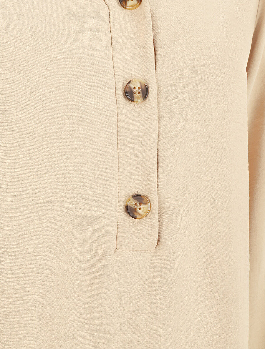 Blouse en voile unie à col boutonné - Beige - 3