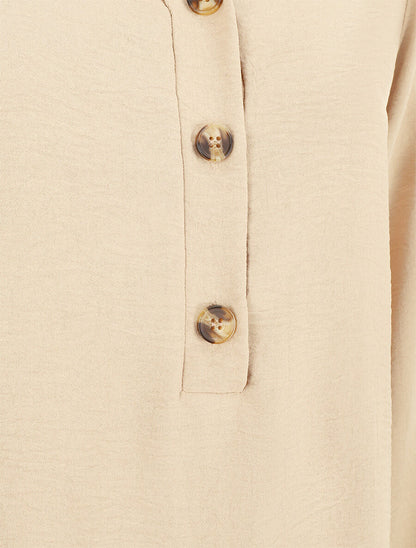 Blouse en voile unie à col boutonné - Beige - 3