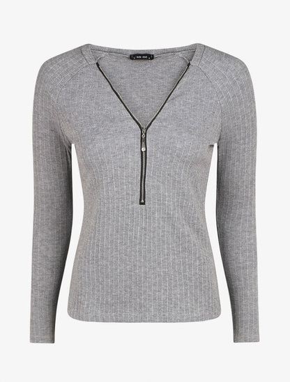 Pull fin droit et côtelé col zippé - Gris - 1