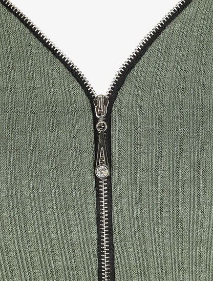 Pull fin droit et côtelé col zippé - Kaki - 3