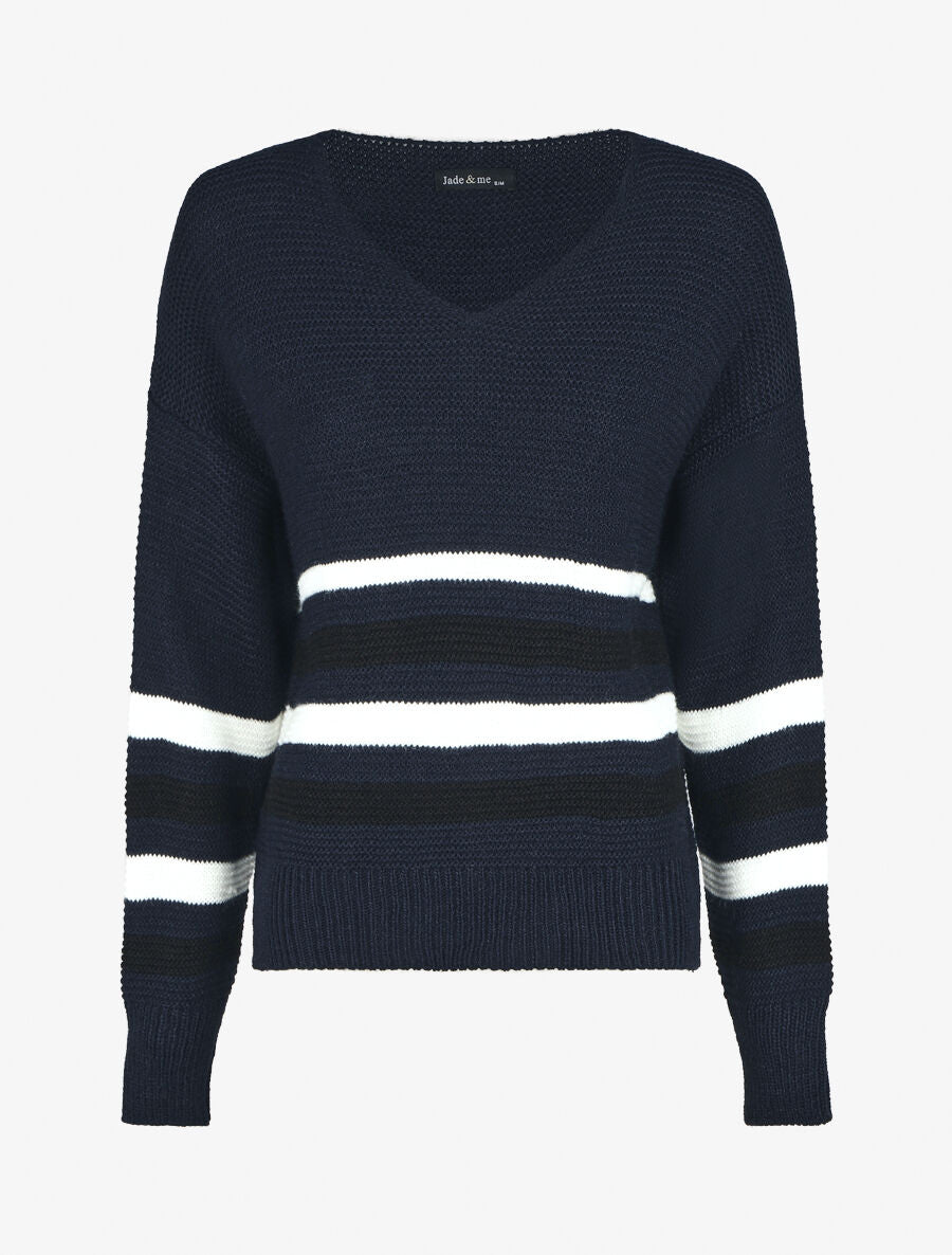 Pull droit rayé - Marine - 1