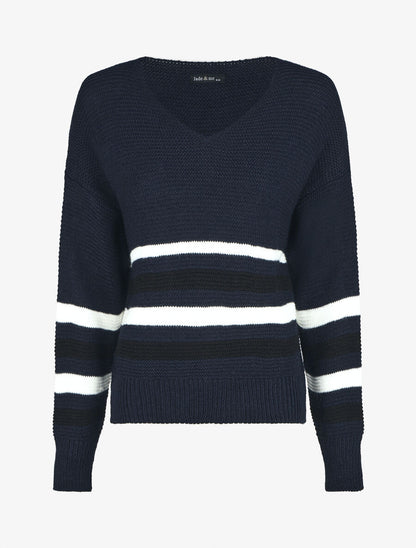 Pull droit rayé - Marine - 1