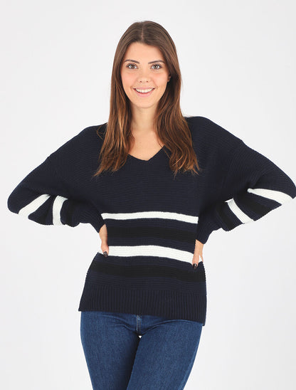 Pull droit rayé - Marine - 4