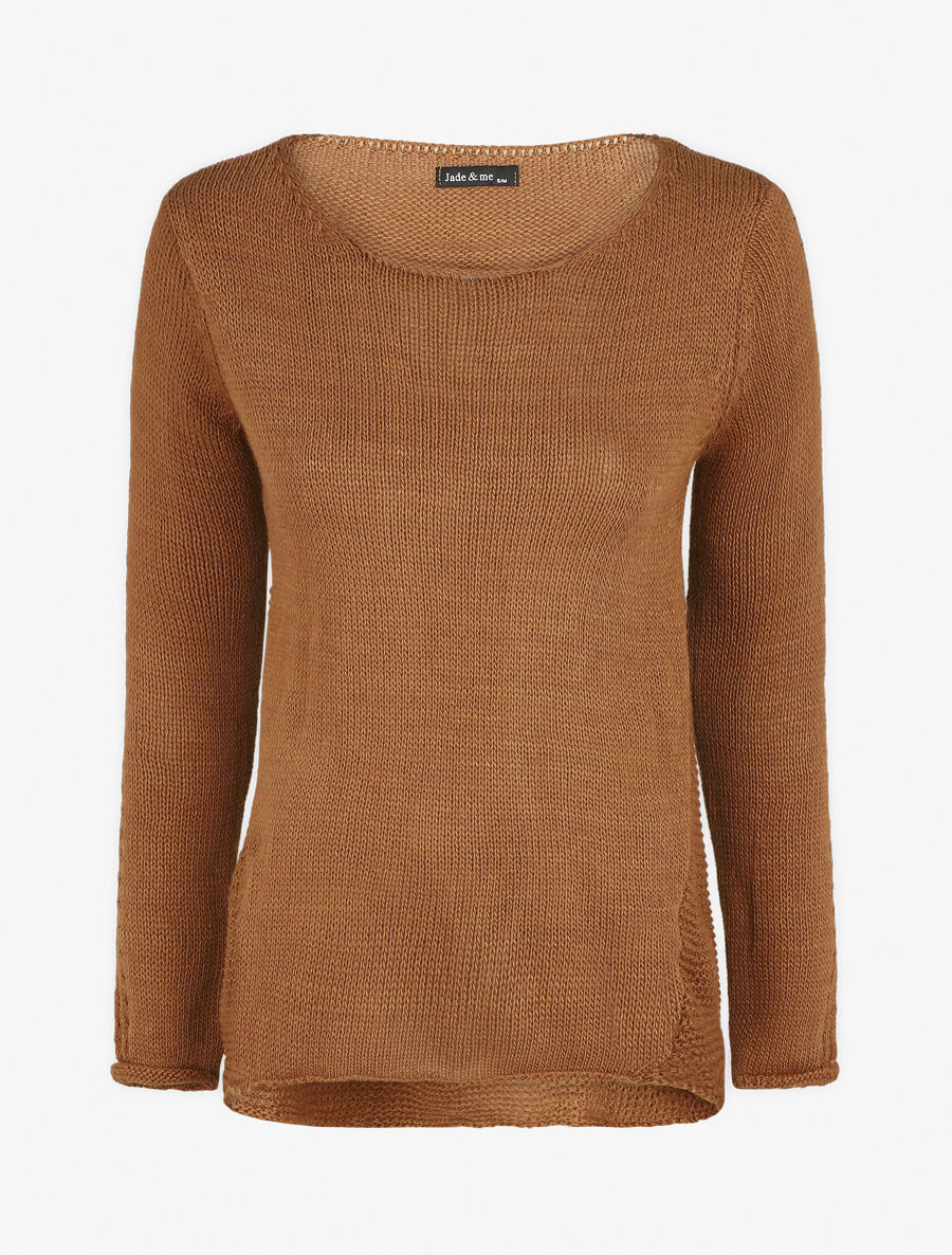 Pull droit uni col bateau - Camel - 1