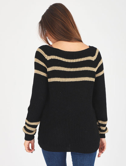 Pull en maille à col bateau - Noir - 5