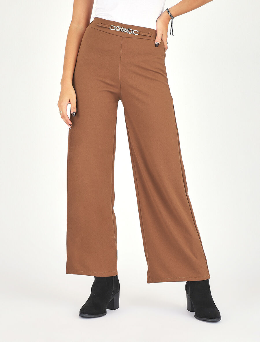 Pantalon ample taille haute élastiquée - Camel - 4