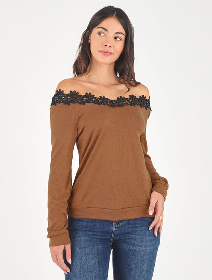 Pull fin droit col bateau en crochet - Camel - 4