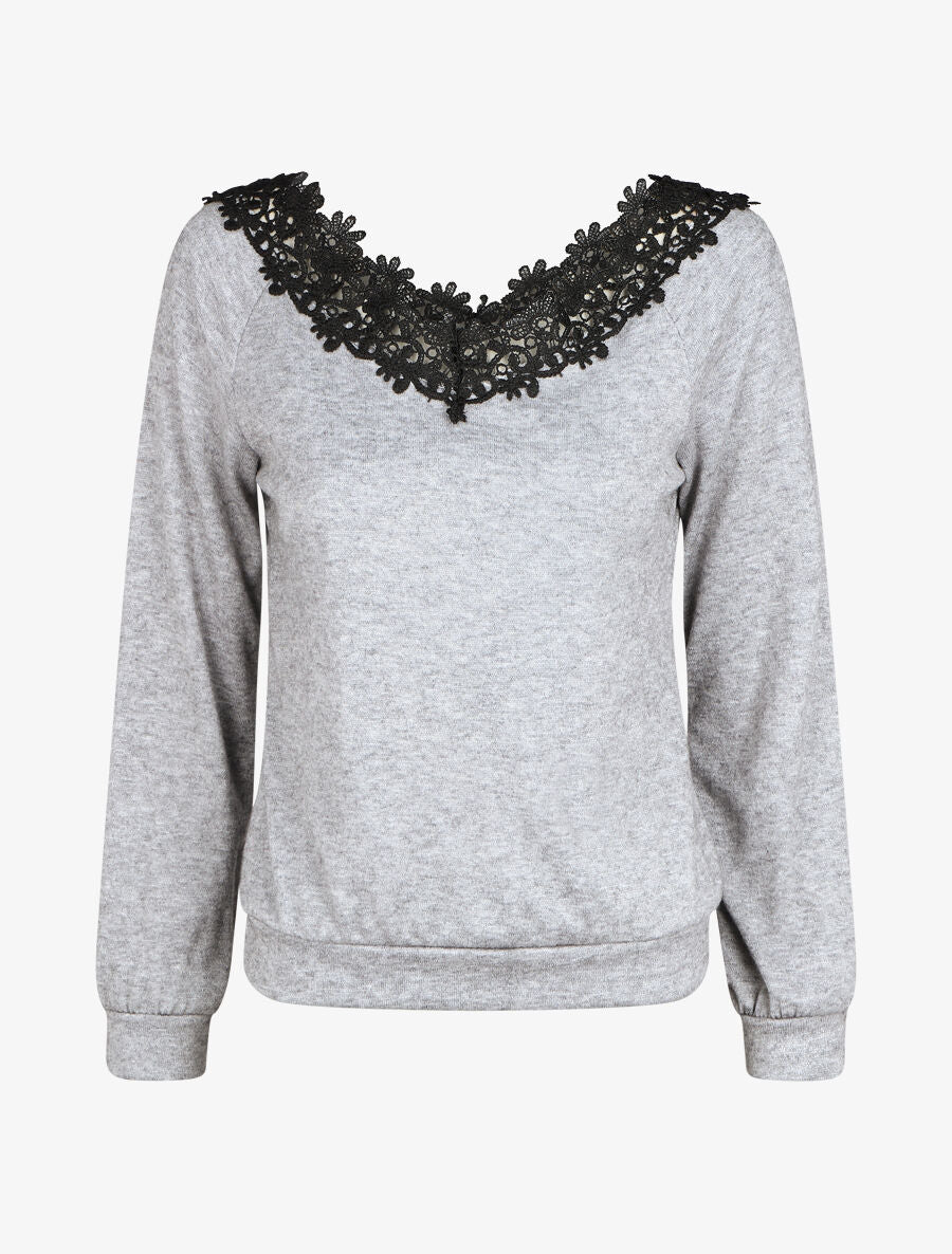 Pull fin droit col bateau en crochet - Gris - 1