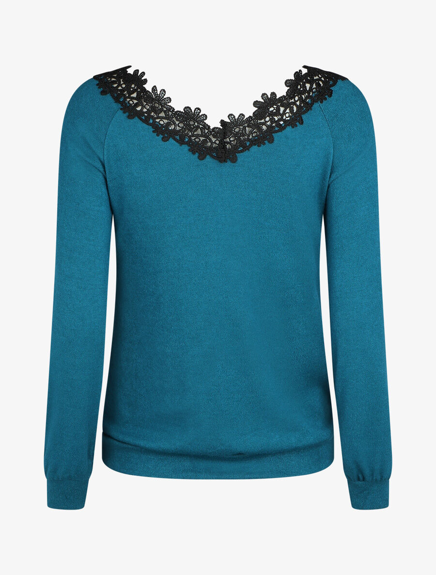 Pull fin droit col bateau en crochet - Bleu canard - 2