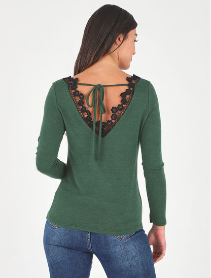 Pull fin droit dos en crochet - Vert - 5
