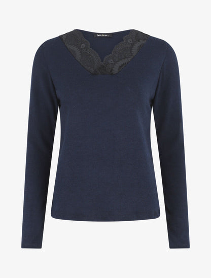 Pull droit col V en dentelle - Marine - 1