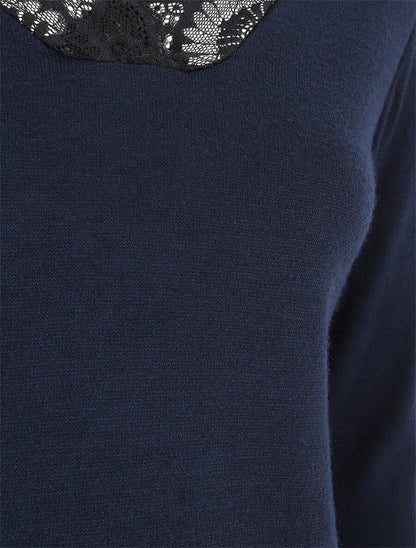 Pull droit col V en dentelle - Marine - 3