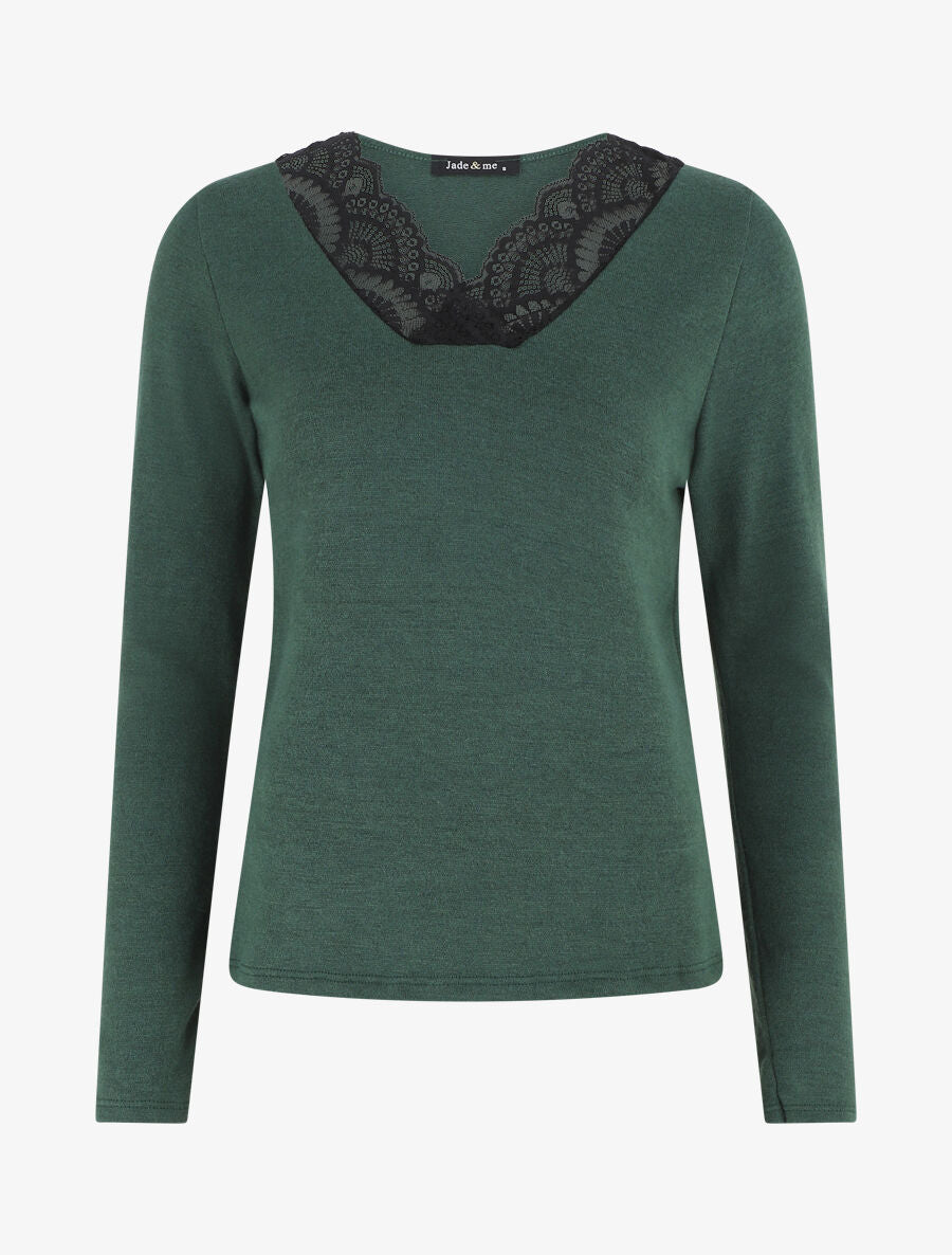 Pull droit col V en dentelle - Vert - 6