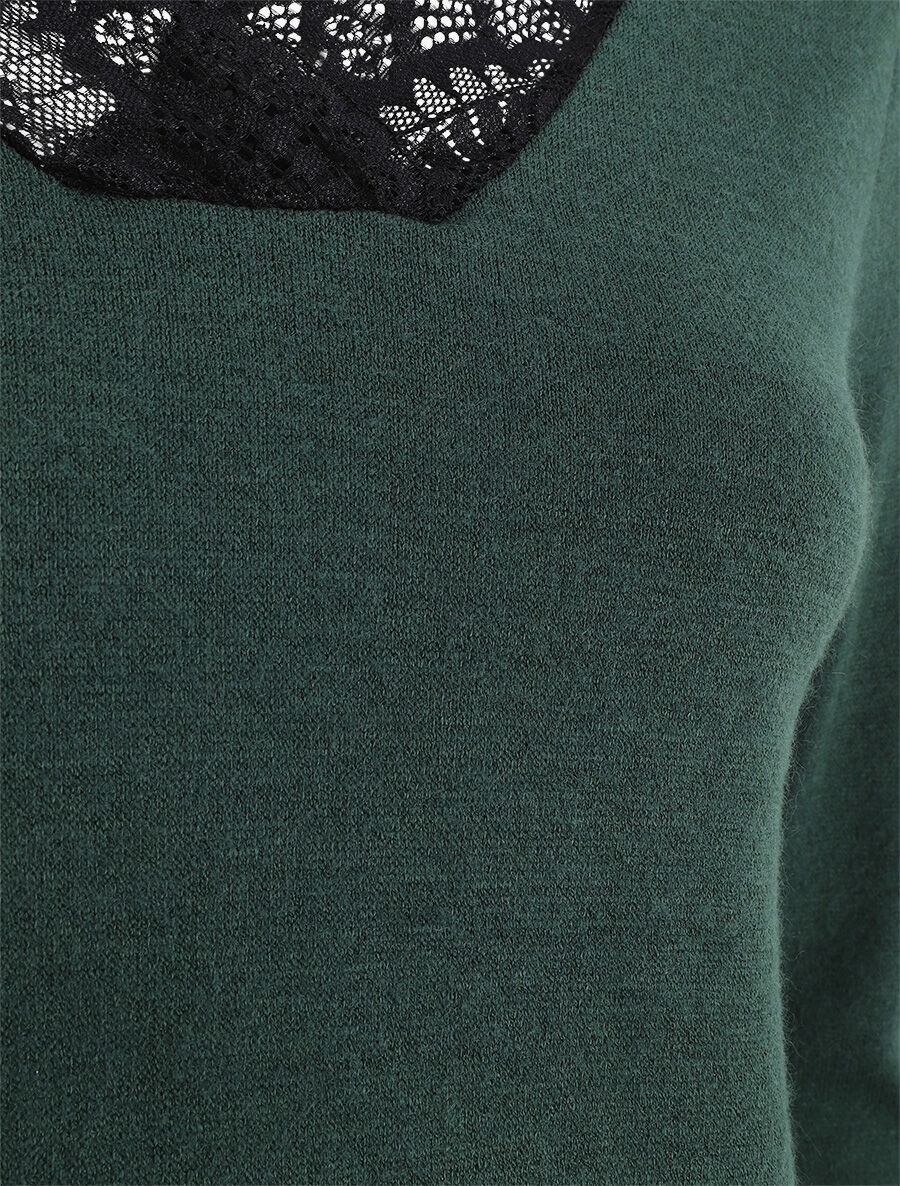 Pull droit col V en dentelle - Vert - 3