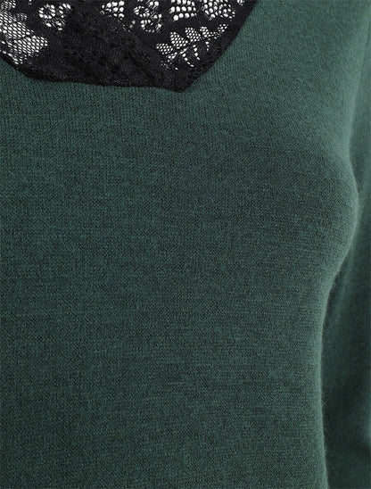 Pull droit col V en dentelle - Vert - 3