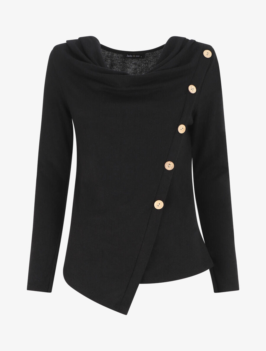 Pull droit à boutons et col bénitier - Noir - 1