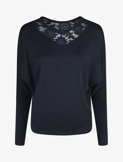 Pull droit col en dentelle et manches longues - Marine - 1