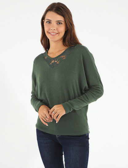 Pull droit col en dentelle et manches longues - Vert foncé - 4