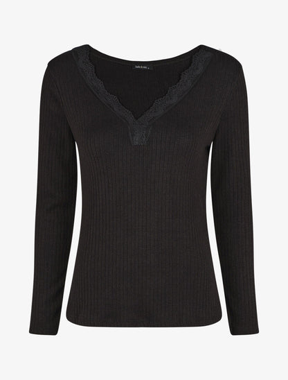 Pull fin côtelé et col V en dentelle - Noir - 4