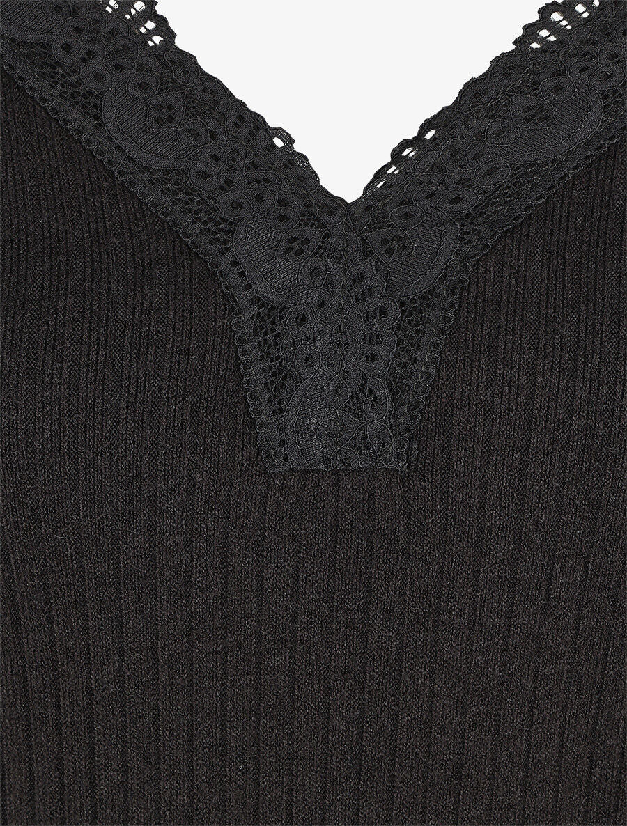 Pull fin côtelé et col V en dentelle - Noir - 3