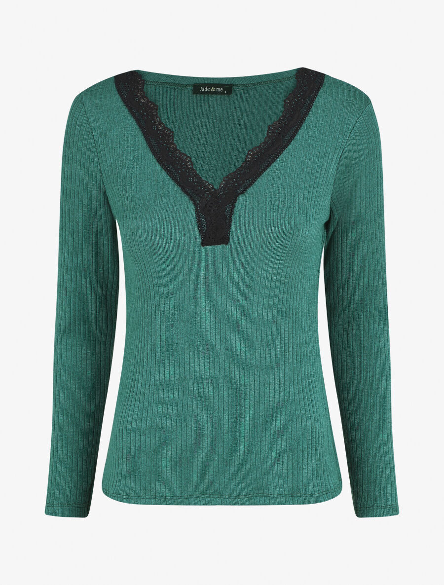 Pull fin côtelé et col V en dentelle - Vert émeraude - 1