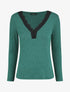 Pull fin côtelé et col V en dentelle - Vert émeraude - 1