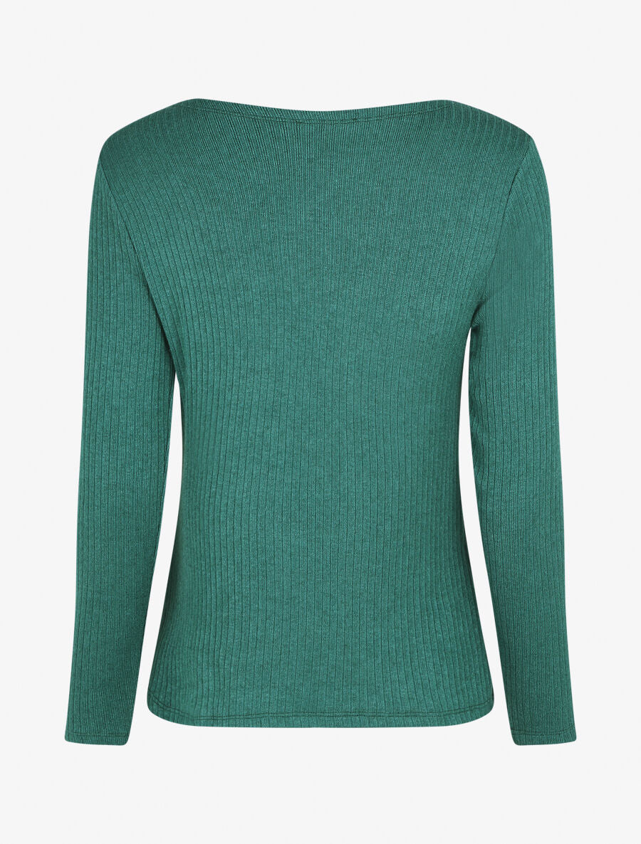 Pull fin côtelé et col V en dentelle - Vert émeraude - 2