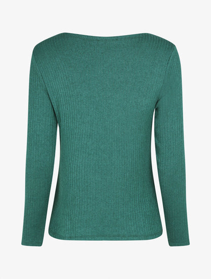 Pull fin côtelé et col V en dentelle - Vert émeraude - 2