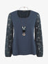 Top droit manches longues dos en dentelle - Marine - 1