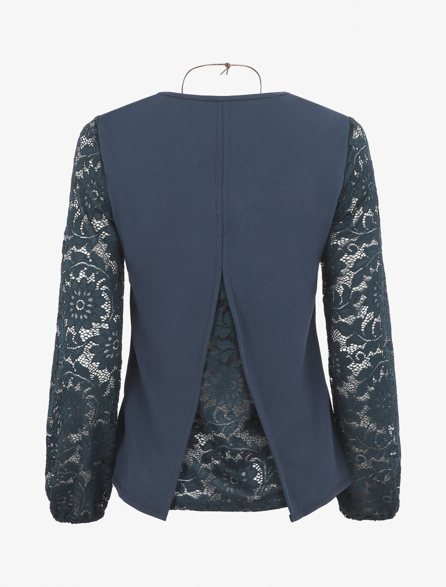 Top droit manches longues dos en dentelle - Marine - 2