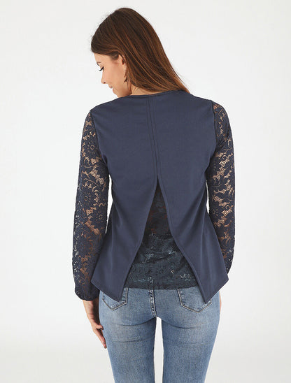 Top droit manches longues dos en dentelle - Marine - 5