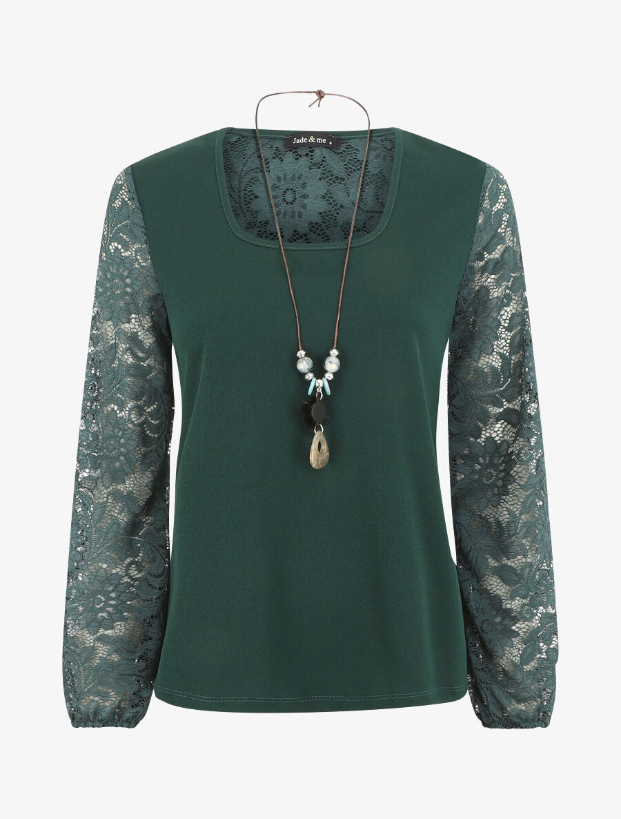 Top droit manches longues dos en dentelle - Vert foncé - 1