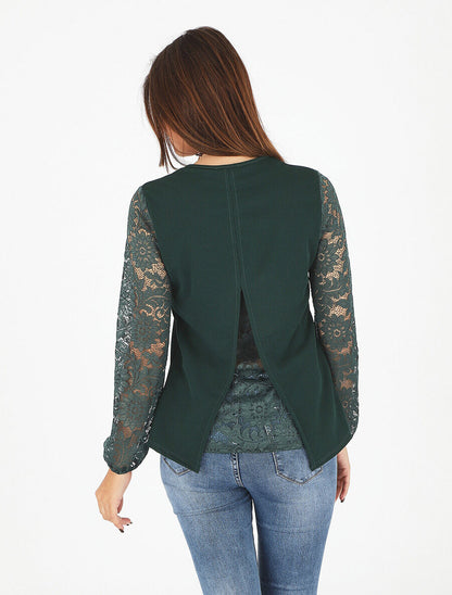 Top droit manches longues dos en dentelle - Vert foncé - 5