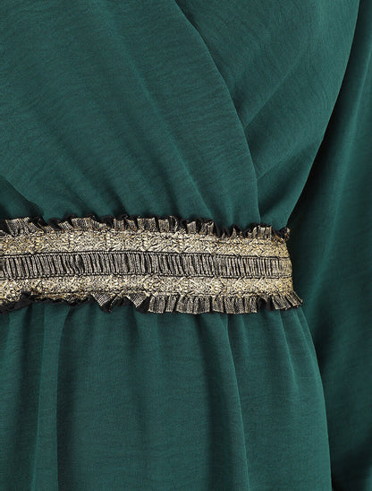 Robe unie à bande élastiquée dorée - Vert sapin - 3