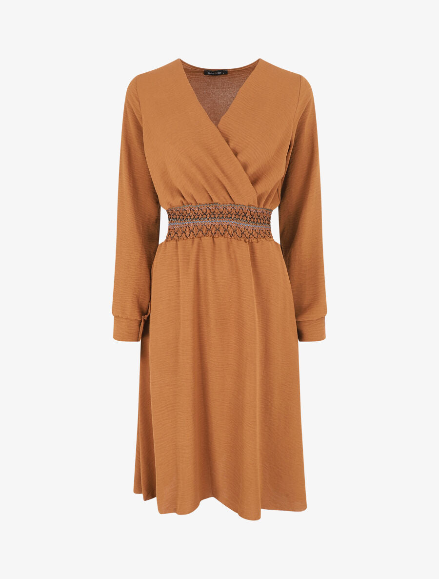 Robe unie à bande élastiquée - Camel - 1