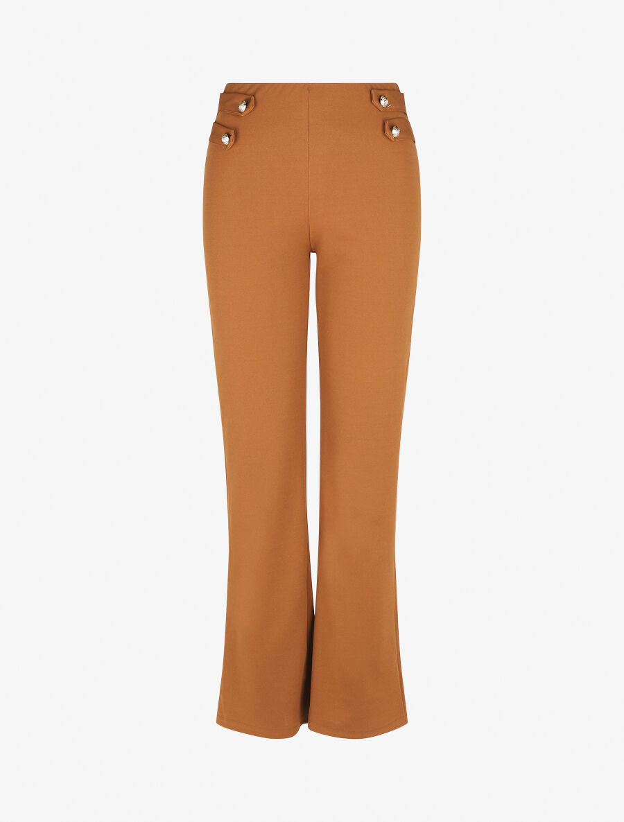 Pantalon droit taille haute à boutons - Camel - 1