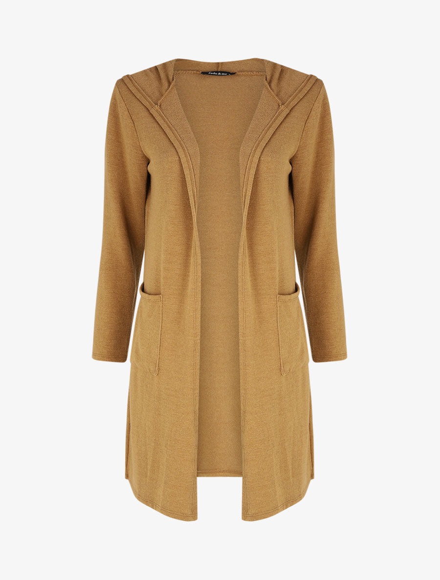 Gilet long en maille à capuche - Camel - 4