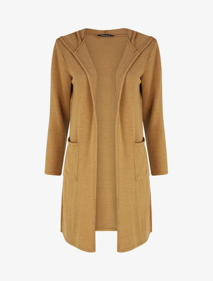 Gilet long en maille à capuche - Camel - 4