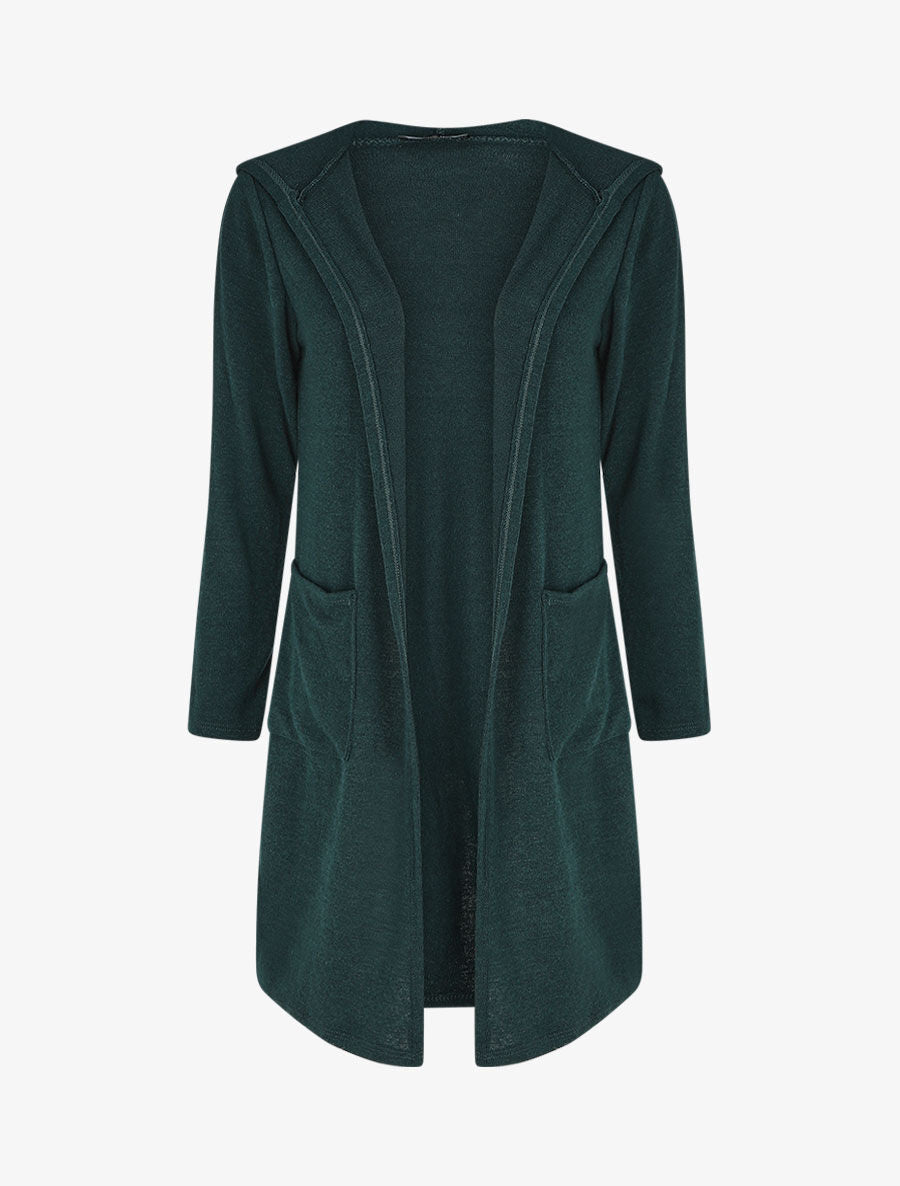 Gilet long en maille à capuche - Vert foncé - 1