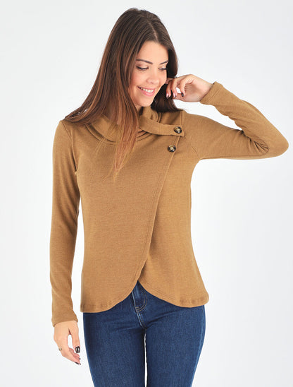 Pull droit col roulé et boutons - Camel - 4