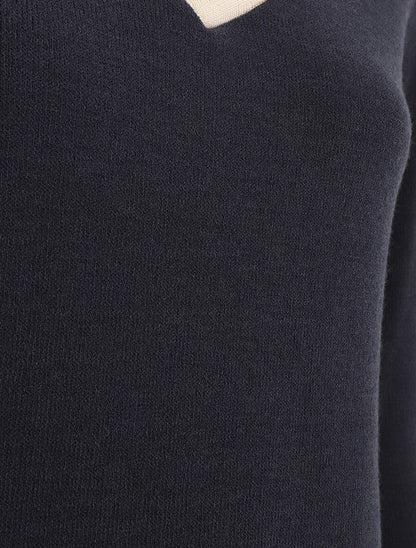 Pull droit uni col V contrastant - Marine - 3