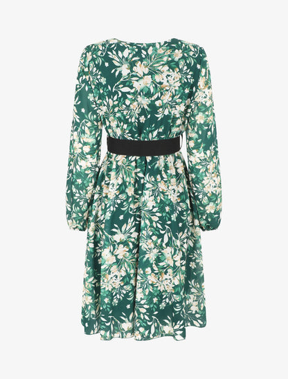 Robe mi-longue évasée motif floral - Vert - 2