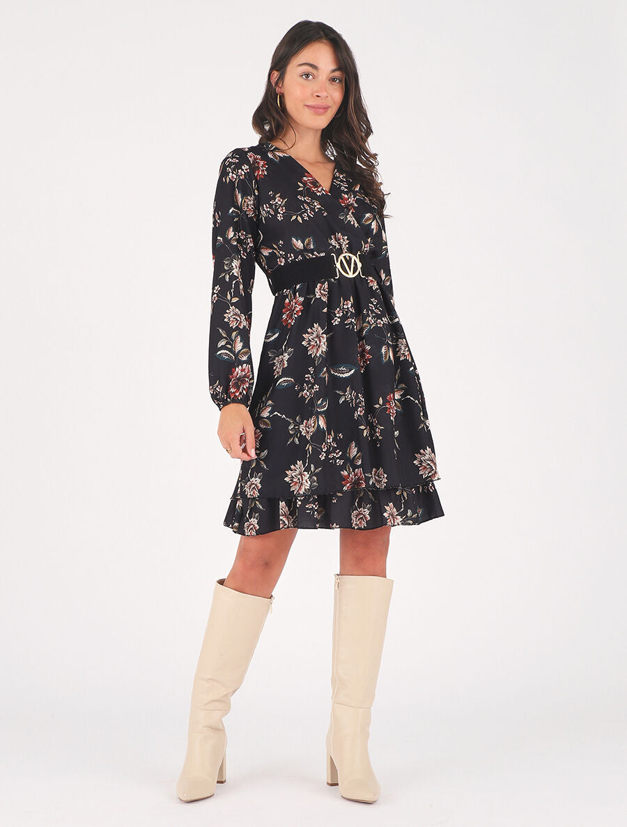 Robe volantée à imprimé fleuri - Noir - 4